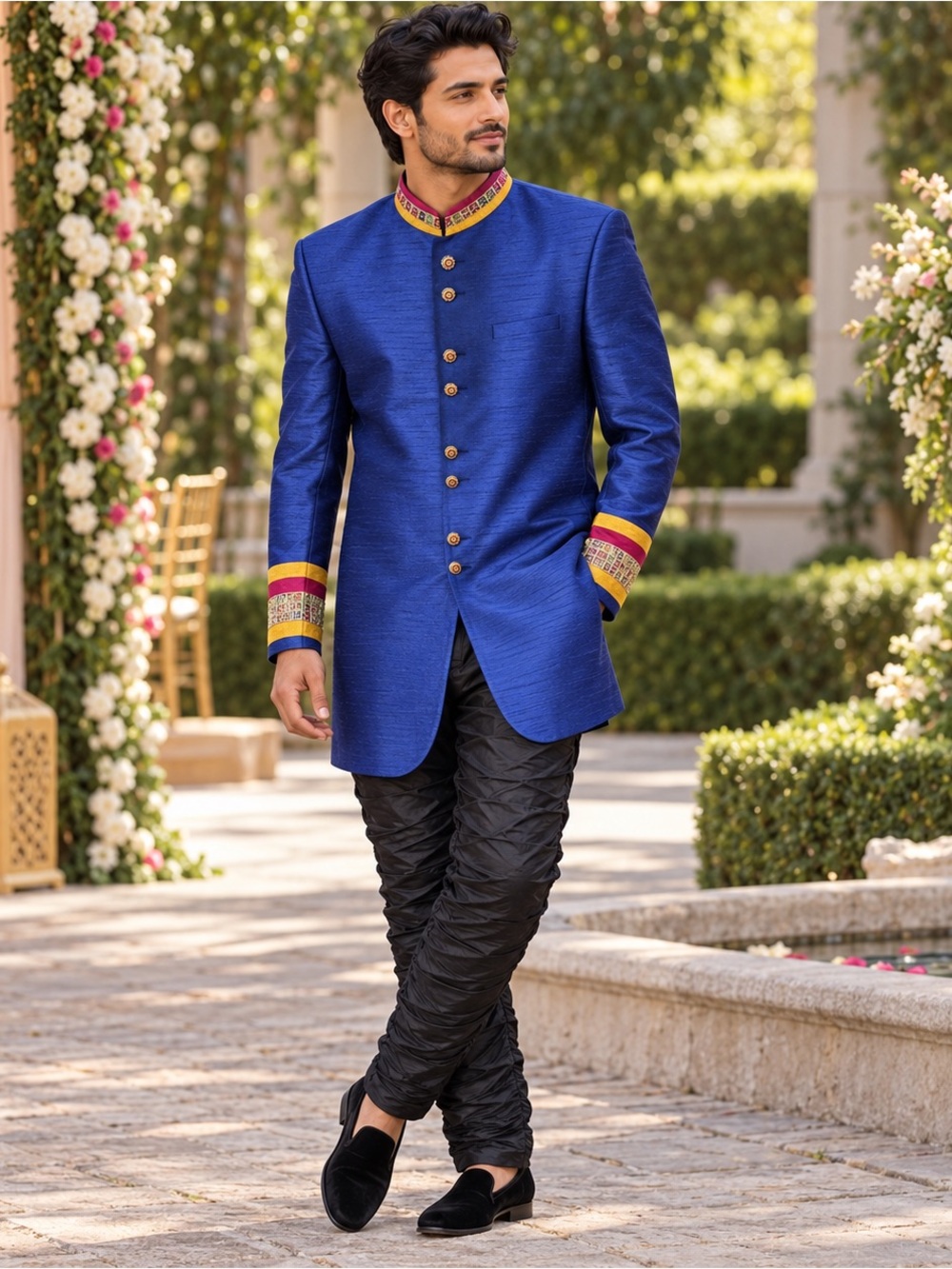 Jahanpanah Royal Blue Sherwani Jacket & Ruched Pants Set Size 42